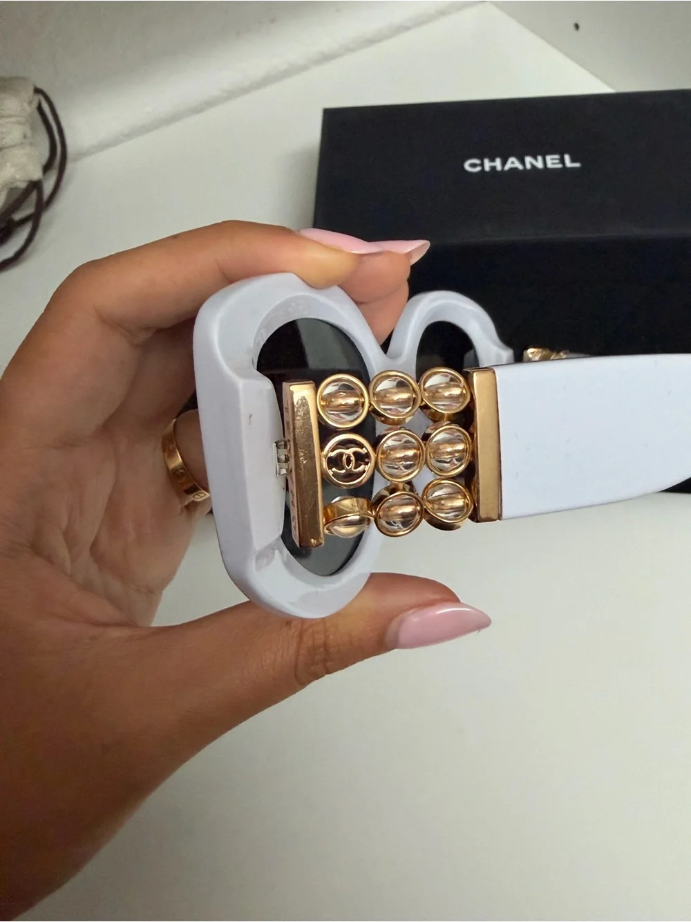 Authentic CHANEL White Round Sunglasses with Gold Chain Detail